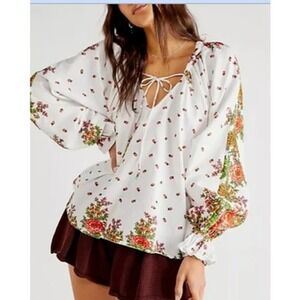 Anthropologie Linen Top Small Boho Oversize Peasant Puff‎ Sleeves